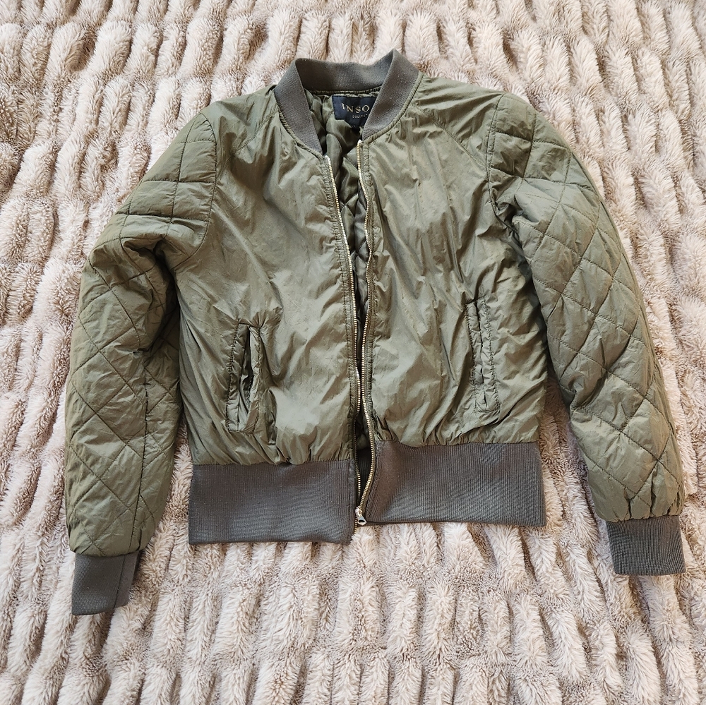 INSO Collection Olive Green Quilted Sleeves Crop Army Bomber Jacket fits…